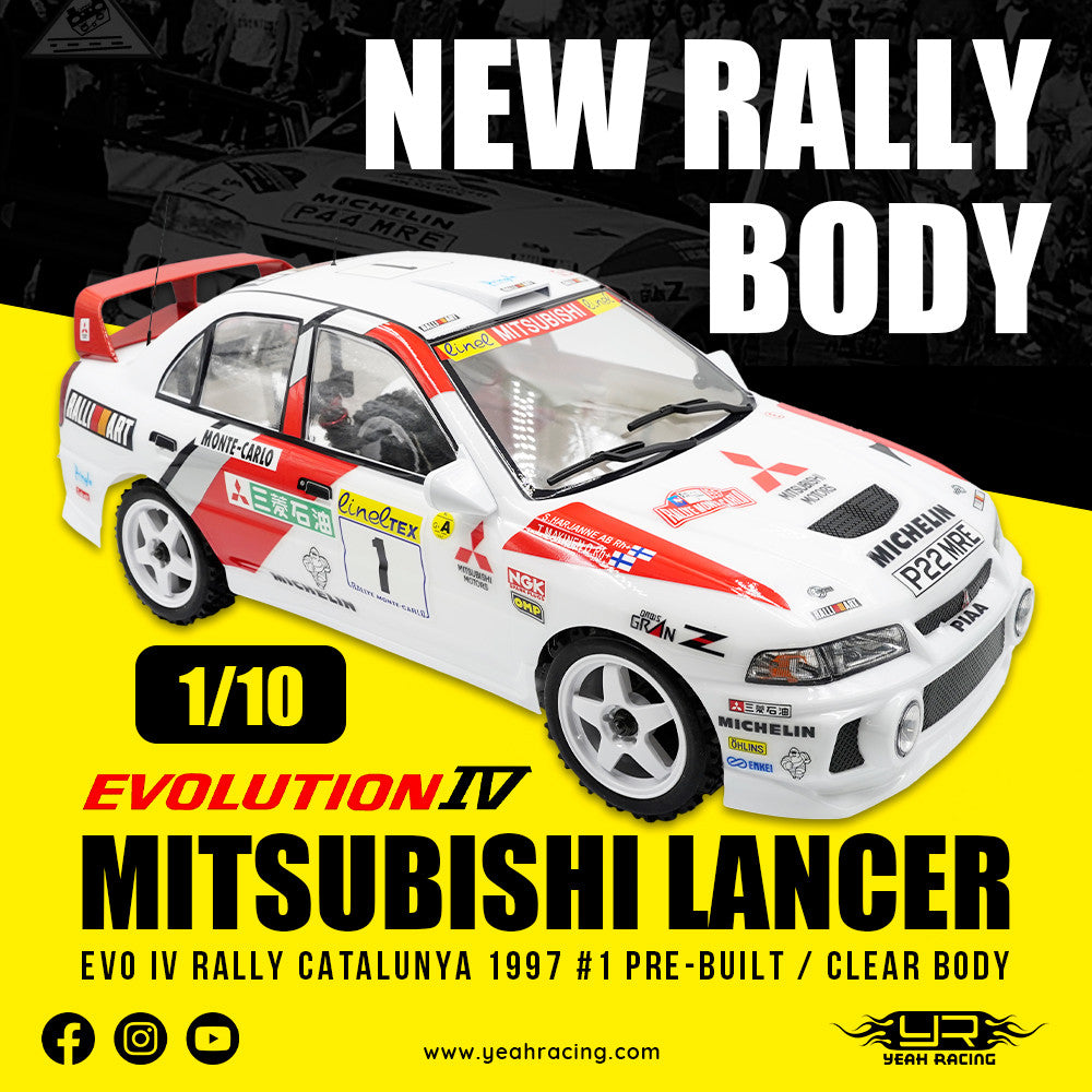 Carrosserie peinte et découpée avec jeu de jantes 1/10 Mitsubishi Lancer EVO IV Rally Catalunya 1997 - Breizh Modélisme.