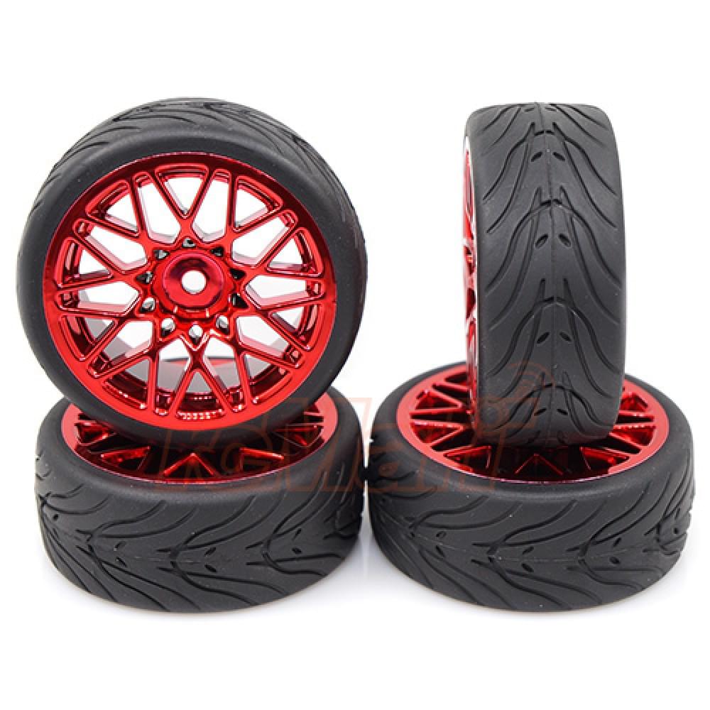 Yeah Racing 4 roues AV/ARR rouge avec Pneus pour 1/10 Touring - Breizh Modélisme.