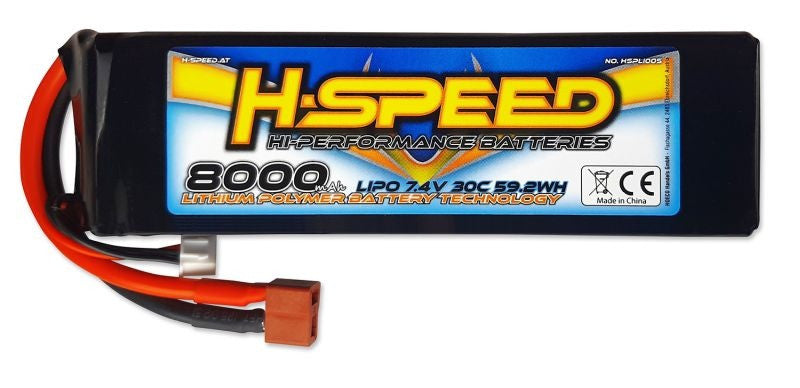 Accu LiPo 8000mAh 7.4V 30C Racing H-SPEED avec connecteur T et XH (155x28x45mm)