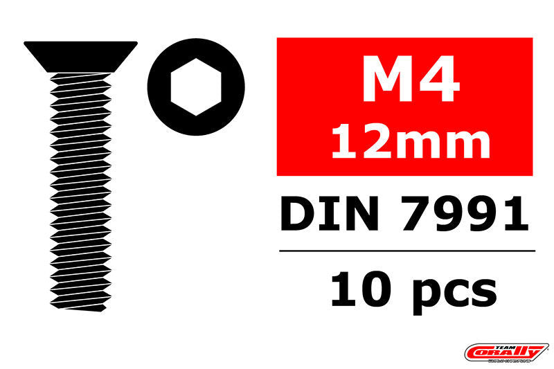 Vis en acier M4 x 12 mm tête plate hexagonale (10 pcs) - C-3002-40-12