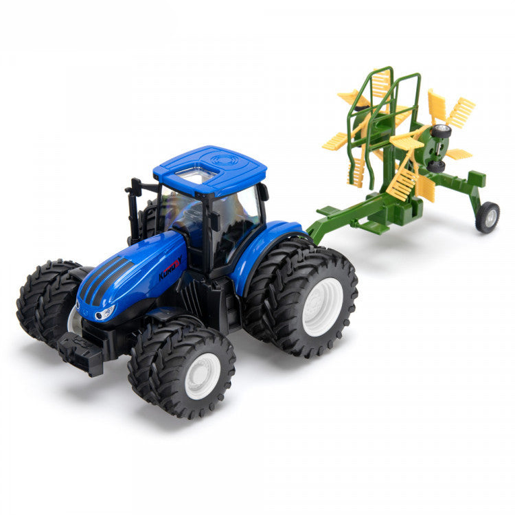 Tracteur jouet radiocommandé 1/24 double roues avec faneuse a foin KO6637HB