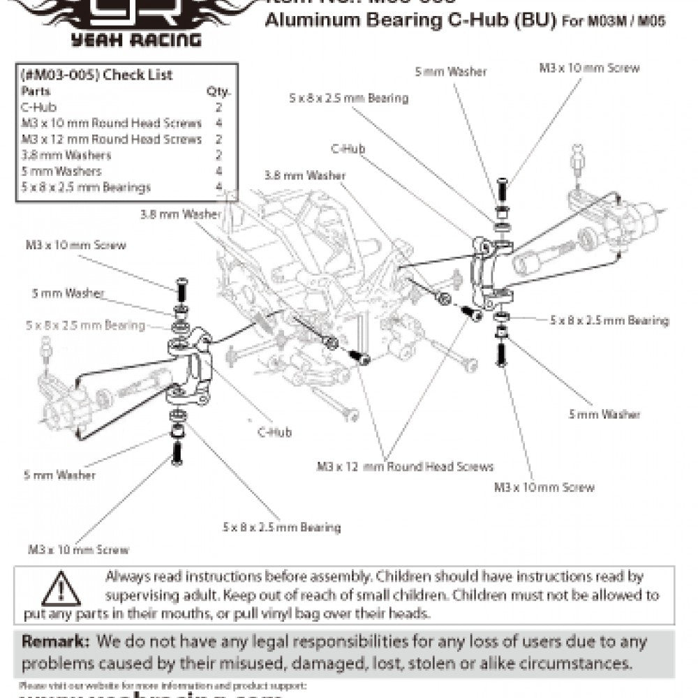Moyeu en C à roulement en alliage (BU) pour Tamiya M03M, M05 Yeah Racing