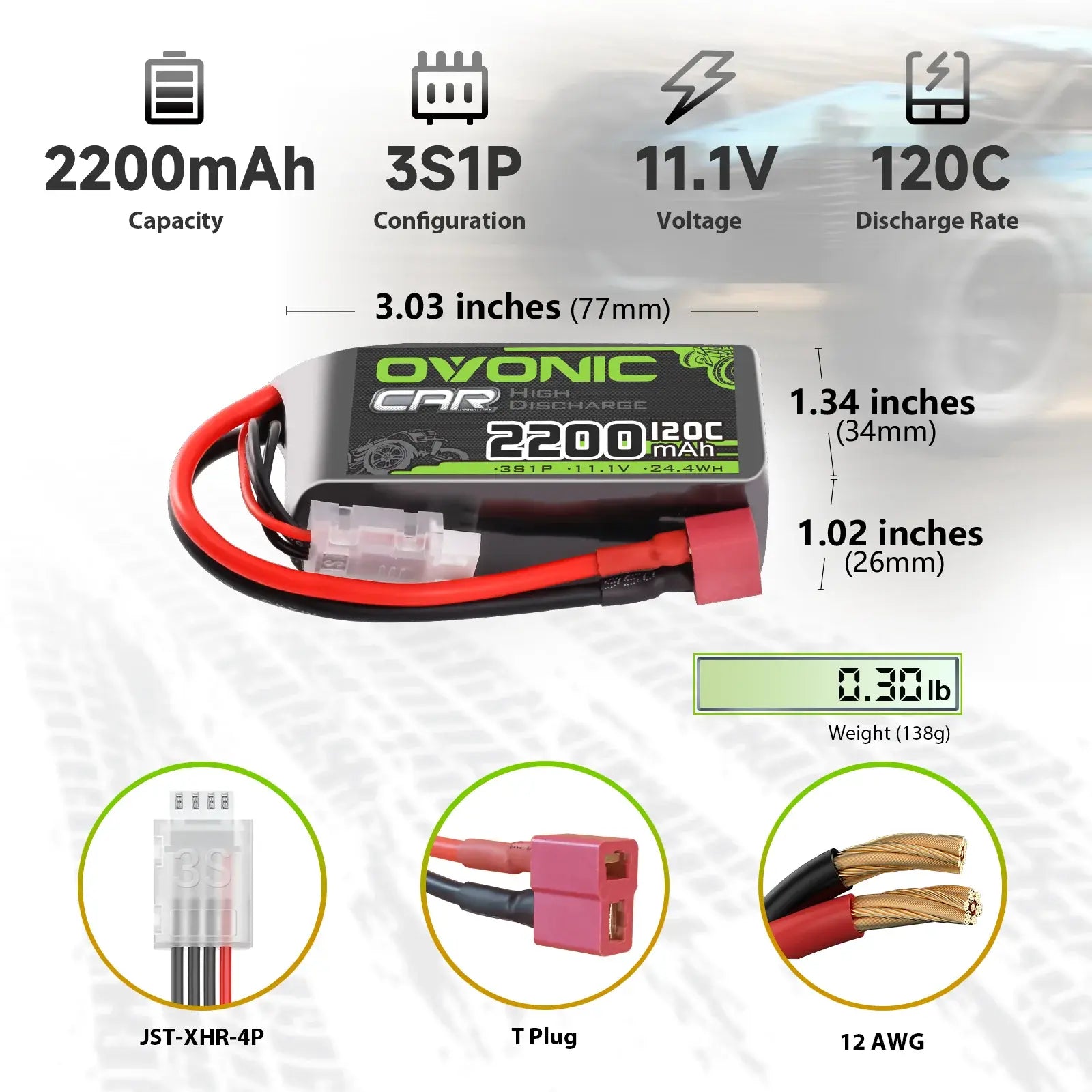 2 batteries LiPo 3S 11,1 V 2200 mAh 120 C avec prise Dean T