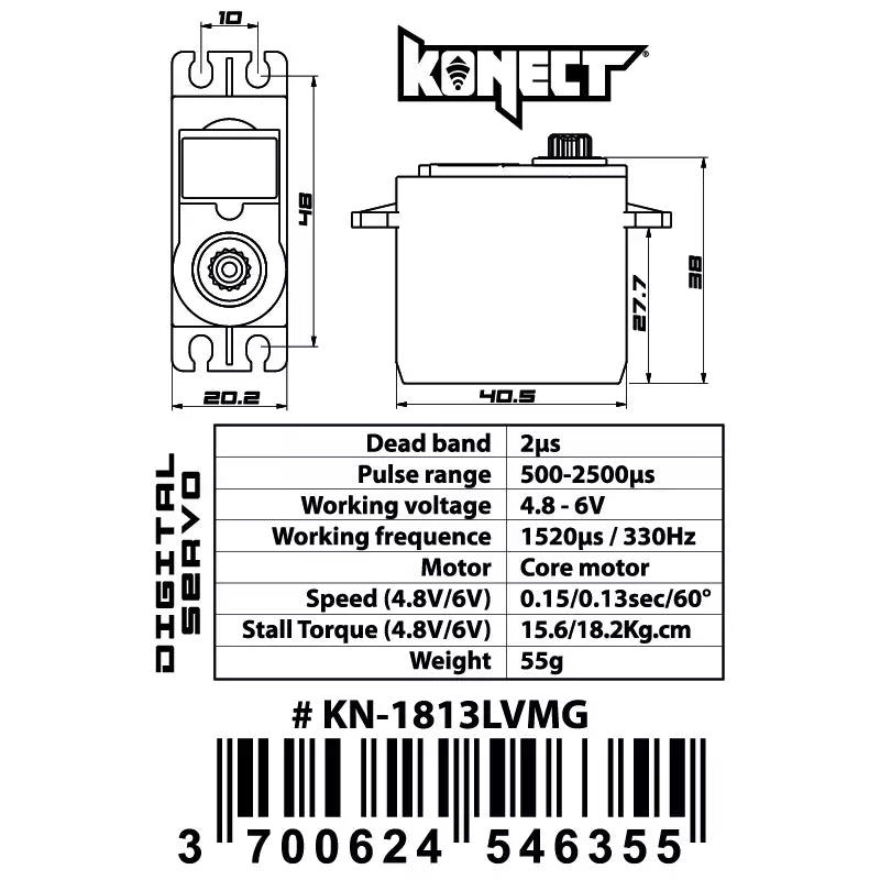 Servo Konect Digital 18kg-013s pignons métal pour Voitures 1/8 et 1/10 - KN-1813LVMG - Breizh Modélisme.