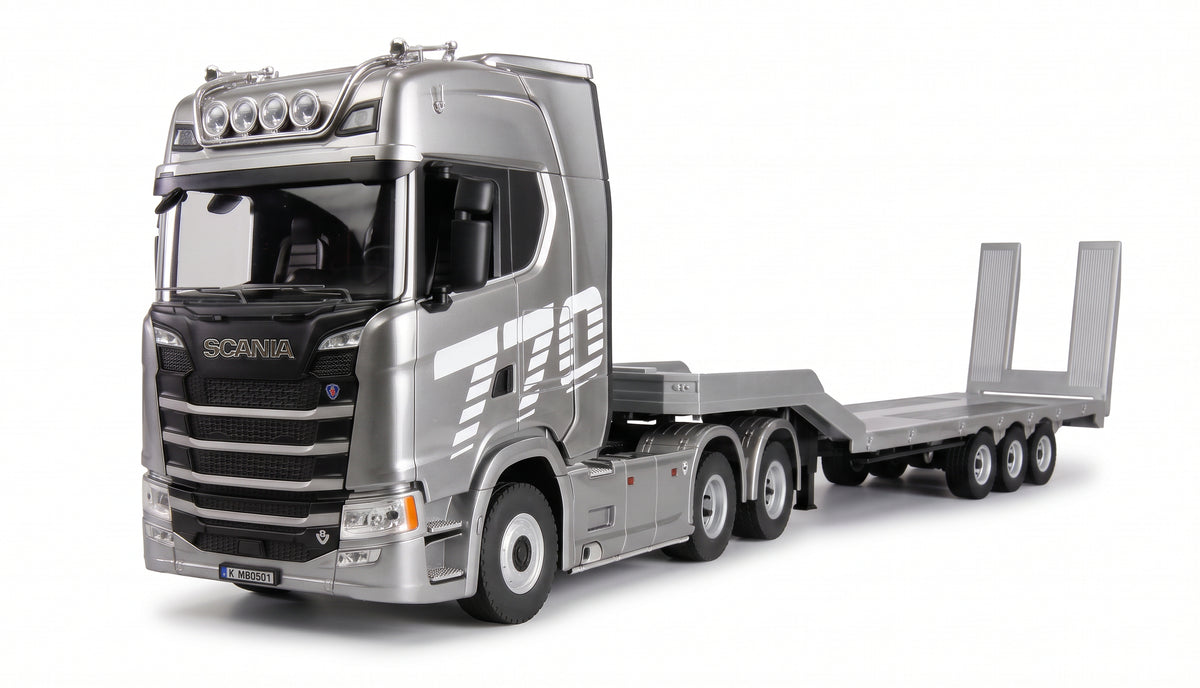 Amewi Scania 770S gris 1/18 avec remorque porte-engins RC - Breizh Modélisme.