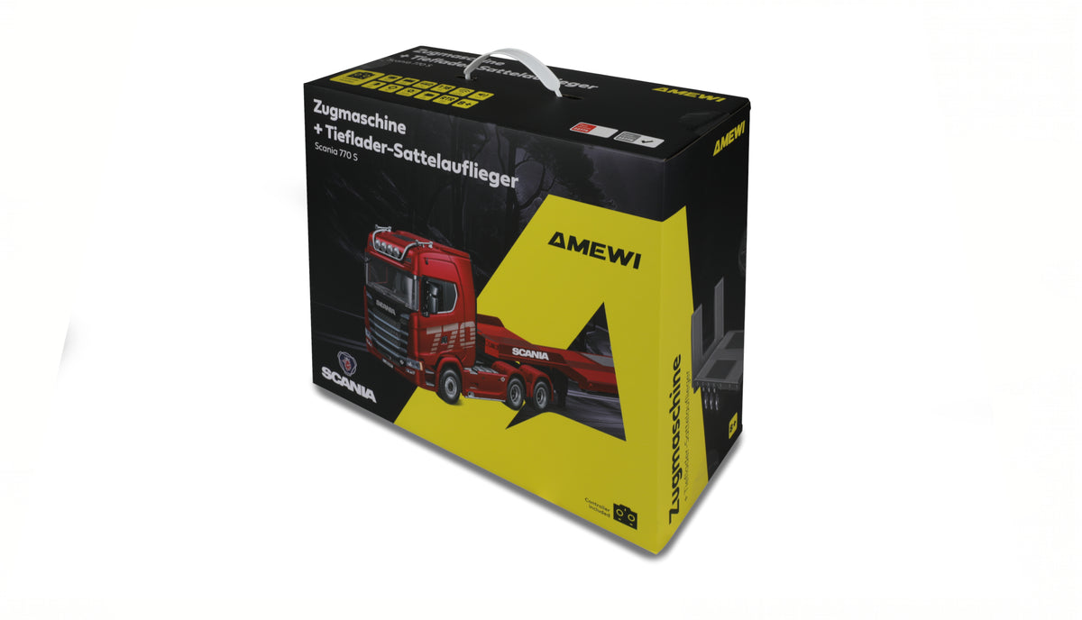 Amewi Scania 770S gris 1/18 avec remorque porte-engins RC - Breizh Modélisme.