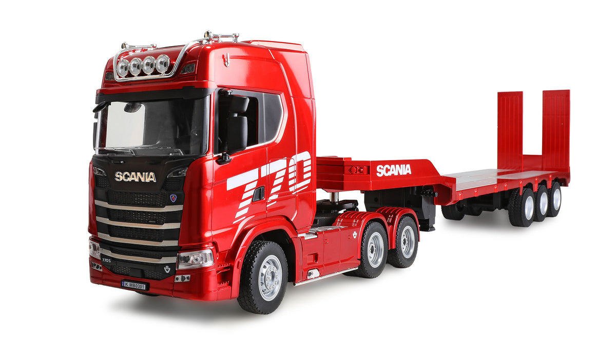 Amewi Scania 770S rouge 1/24 avec remorque porte-engins RC - Breizh Modélisme.