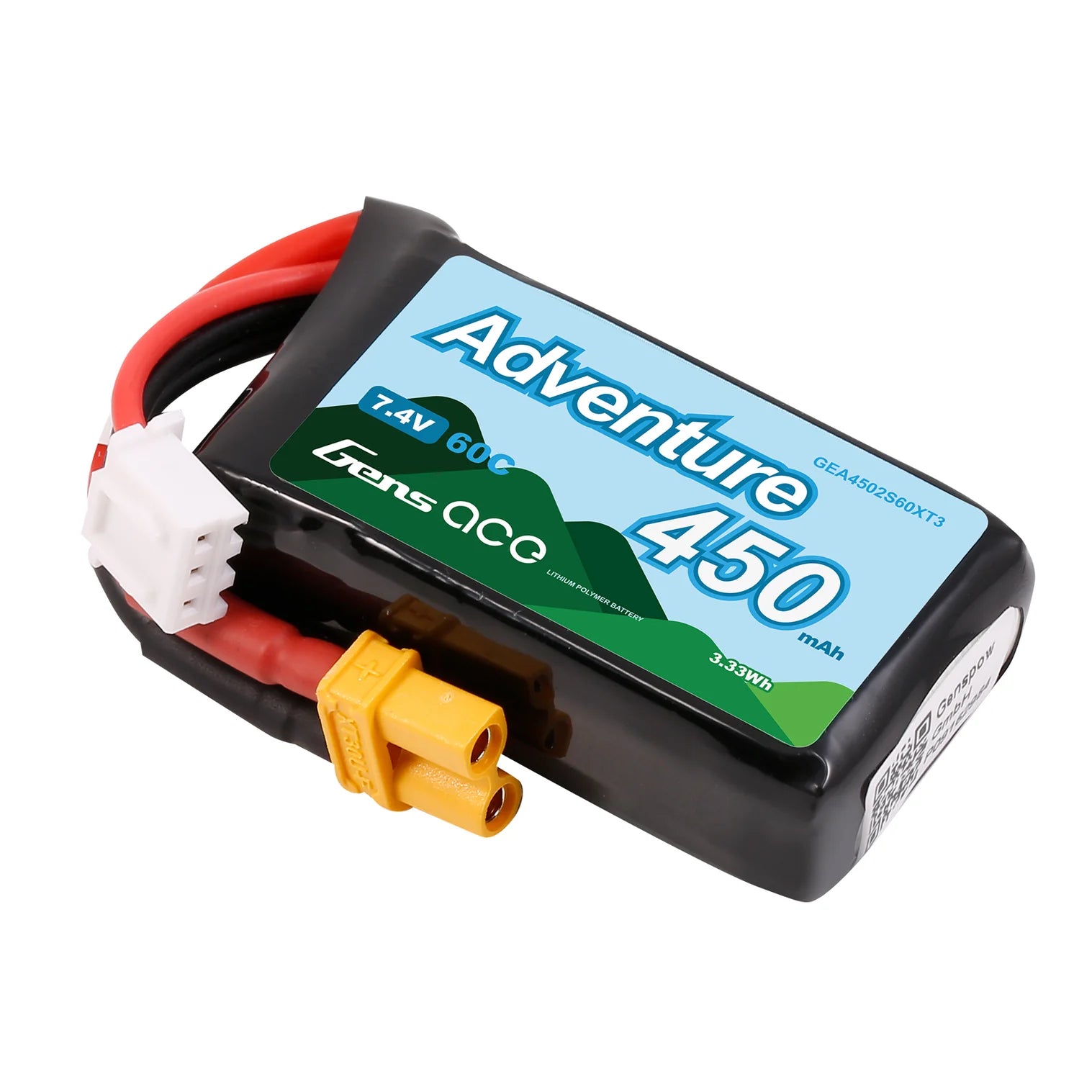 Batterie LiPo 2S1P 7,4V 450mAh 60C XT30 Gens Ace Adventure - Breizh Modélisme.