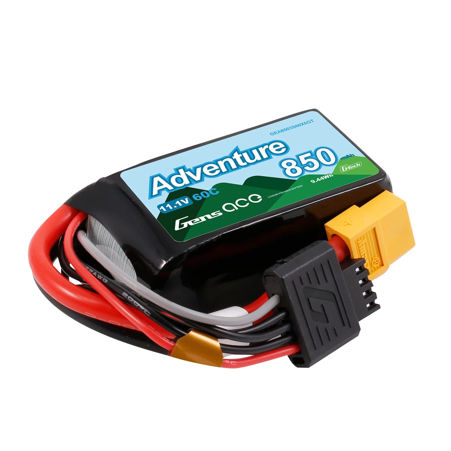 Batterie LiPo Gens Ace Adventure 850mAh 11,1 V 60C 3S1P prise XT60 pour crawlers 1/16, 1/18 - Breizh Modélisme.