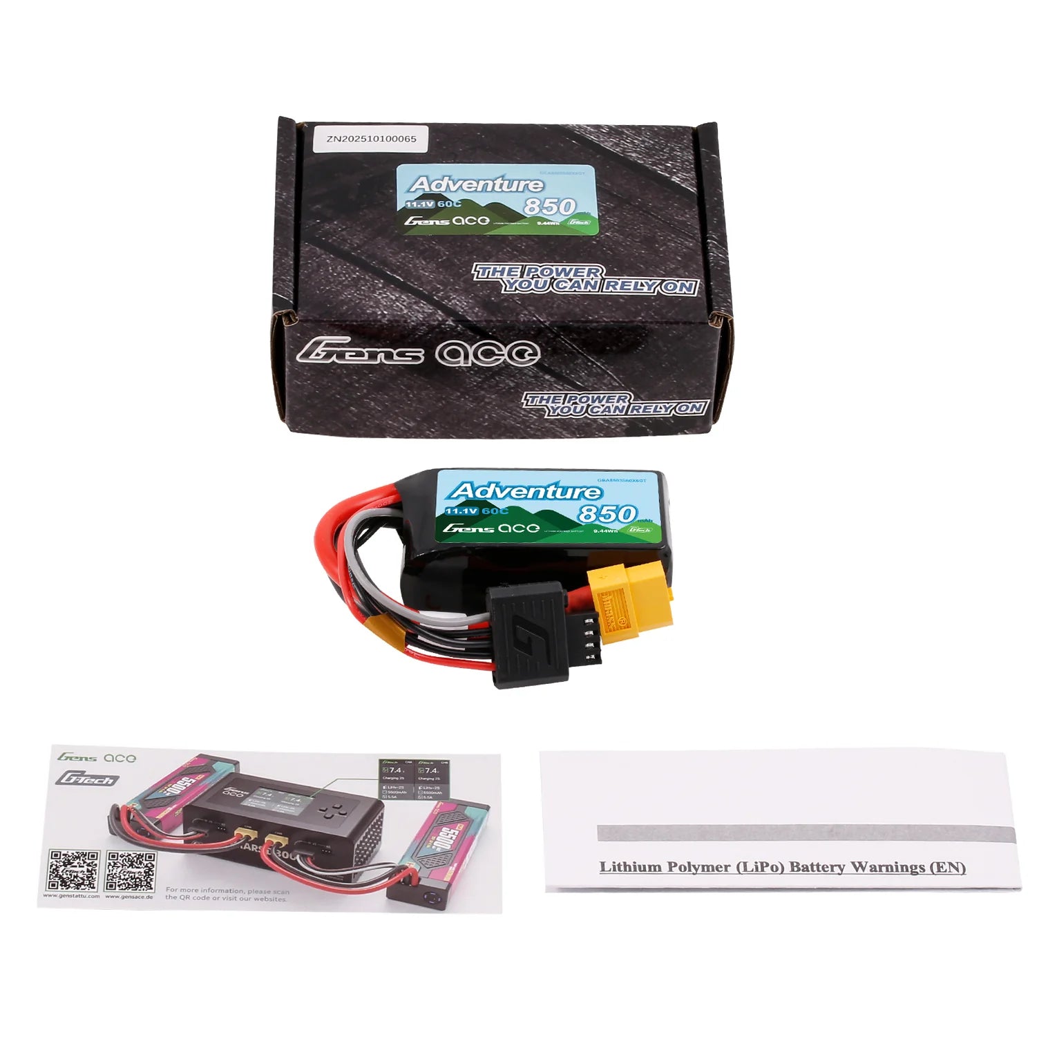 Batterie LiPo Gens Ace Adventure 850mAh 11,1 V 60C 3S1P prise XT60 pour crawlers 1/16, 1/18 - Breizh Modélisme.