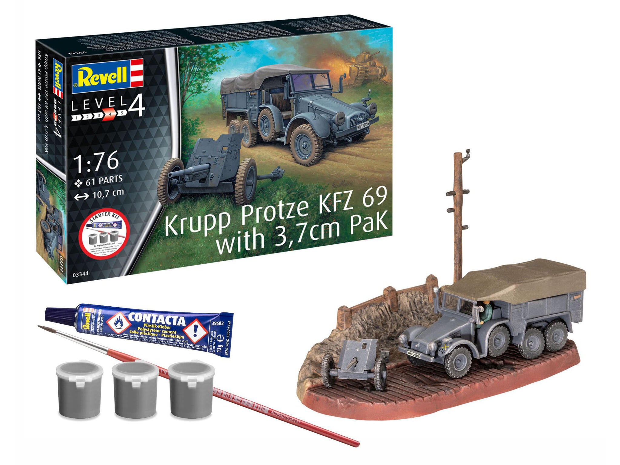 Maquette Revell Starter kit 73344 Krupp Protze KFZ 69 with 3,7cm Pak avec accessoires de base