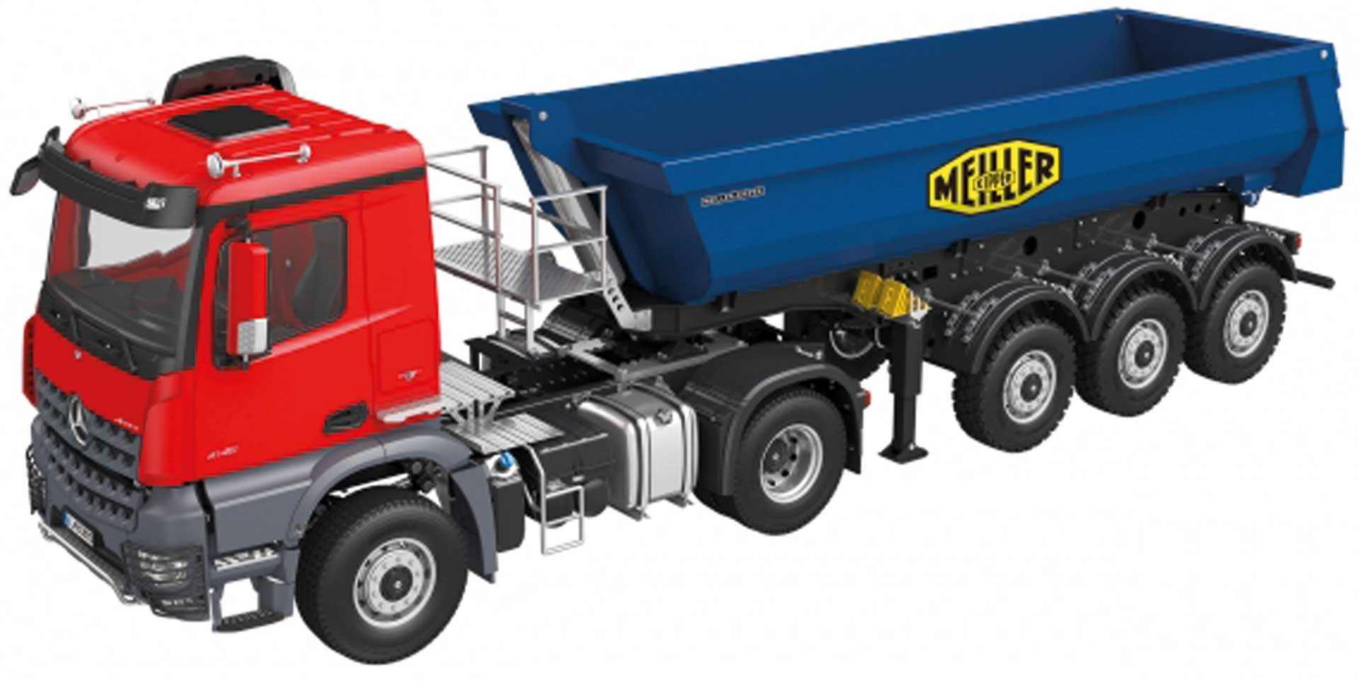 Camion Mercedes-Benz Arocs 4X4 1/14 (rouge) avec semi-remorque Meiller (bleu)