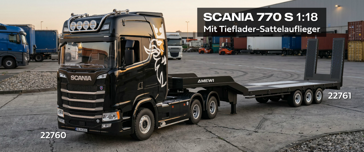 Amewi Scania 770S noir 1/18 avec remorque porte-engins RC