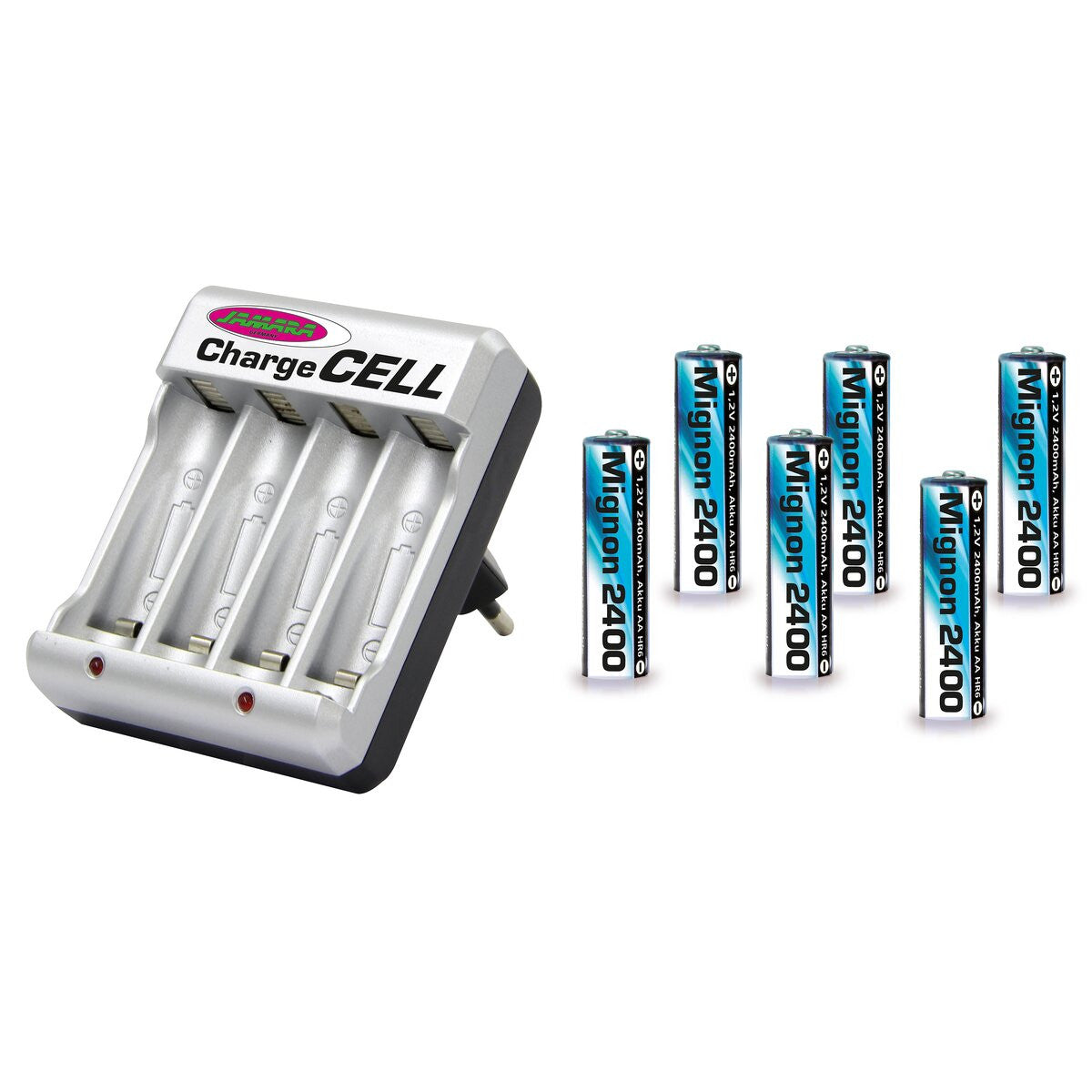 6 accus rechargeables NiMh 2400 mAh 1,2v avec chargeur mural 220v - Breizh Modélisme.