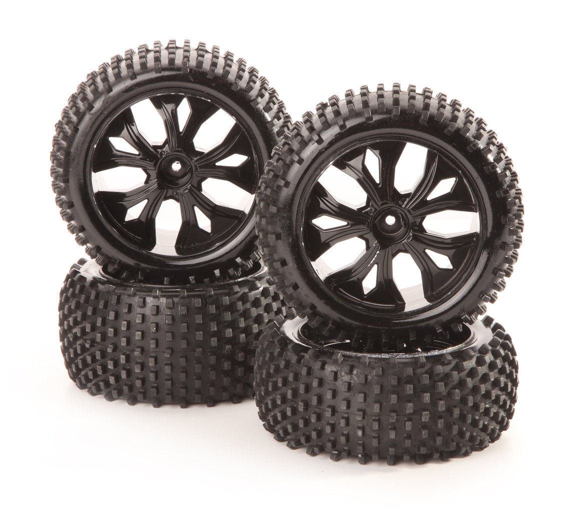 4 pneus et jantes Tout terrain AV et ARR pour Buggy 1/10 XL - Breizh Modélisme