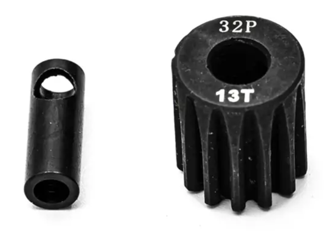 Pignon moteur 32dp ø5mm + adaptateur 3,17mm 13 dents en acier - KN-183213 - Breizh Modélisme.