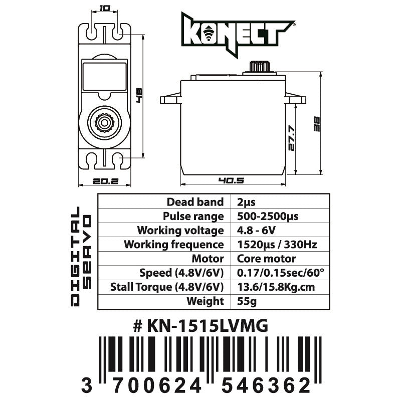 Servo Konect Digital 15kg pignons métal pour Voitures 1/8 et 1/10 - KN-1515LVMG - Breizh Modélisme.