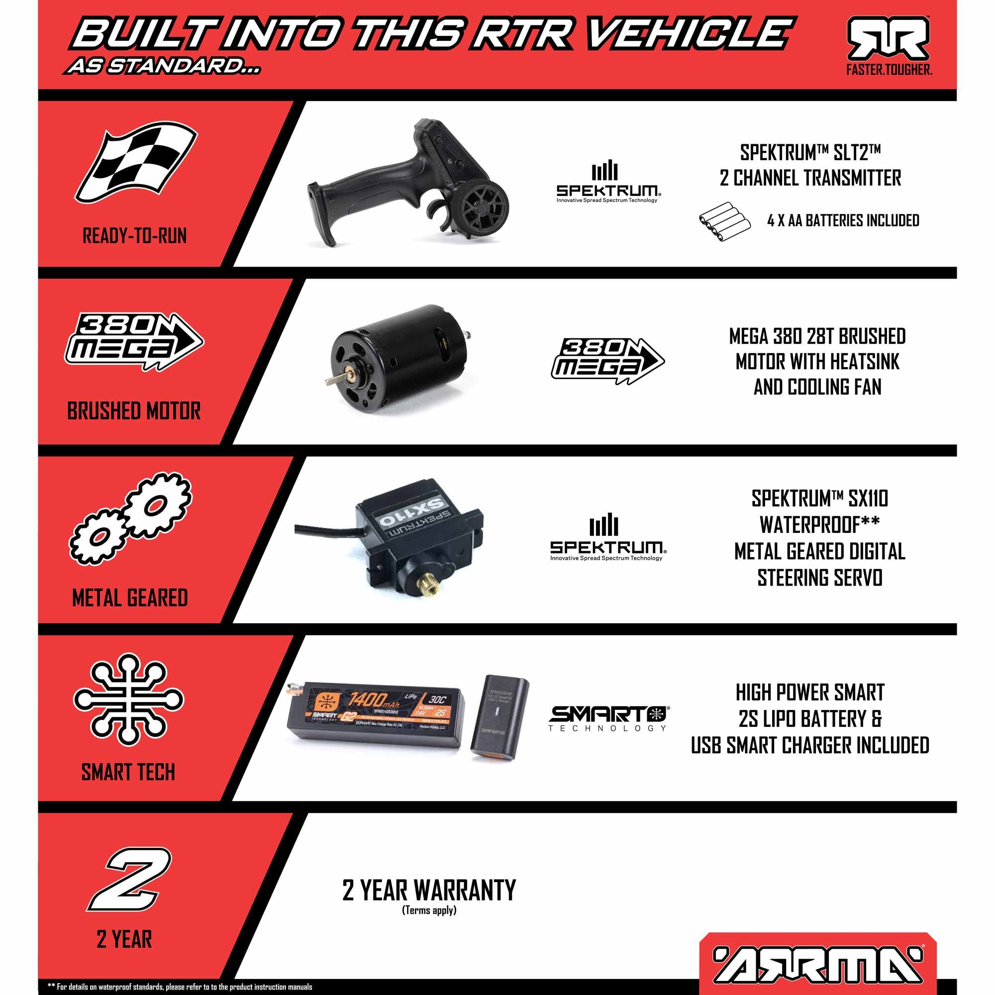 Arrma Mojave Grom Mega 1/16 380 4X4 Small Scale Desert Truck RTR rouge/noir - Breizh Modélisme.