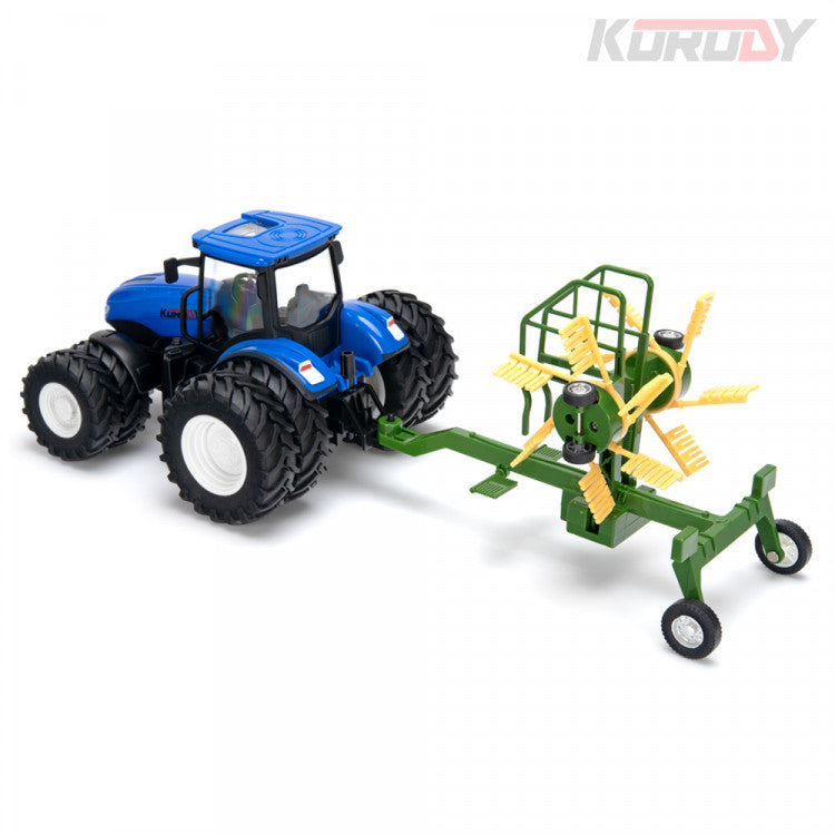 Tracteur jouet radiocommandé 1/24 double roues avec faneuse a foin KO6637HB - Breizh Modélisme.