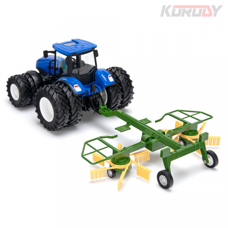 Tracteur jouet radiocommandé 1/24 double roues avec faneuse a foin KO6637HB - Breizh Modélisme.