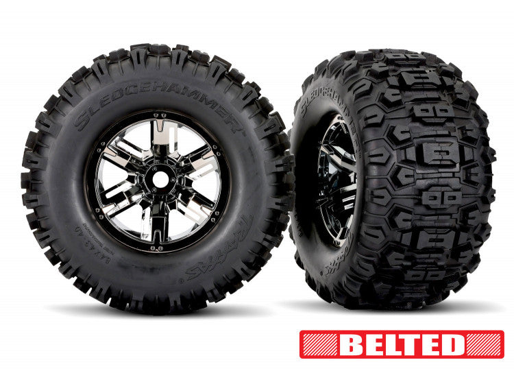 2 Pneus gainés et jantes Sledgehammer Belted noir chrome pour Traxxas XMaxx / XRT 7871X