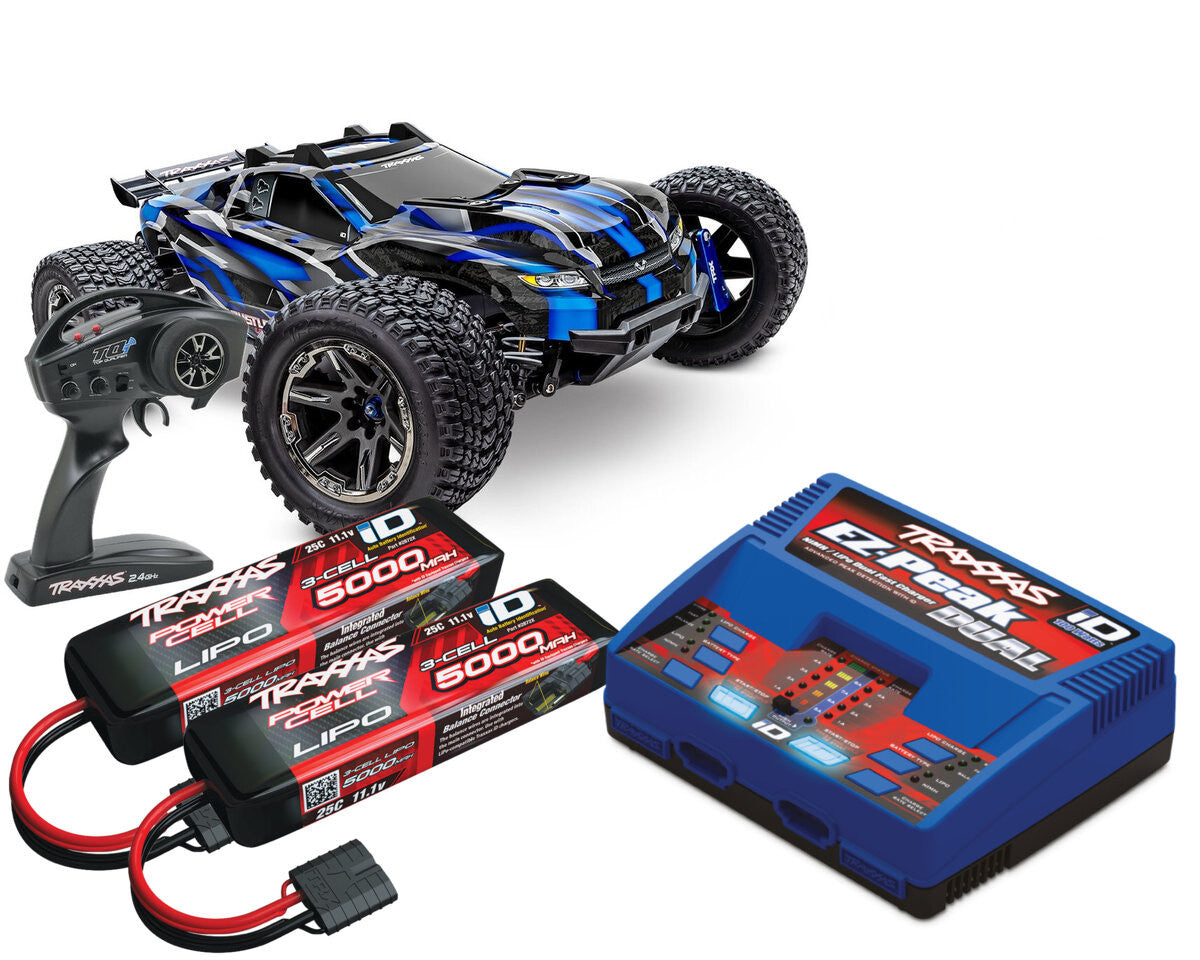 Combo Traxxas Rustler 4x4 Ultimate VXL bleu 1/10 RTR - 67097-4 - Breizh Modélisme.