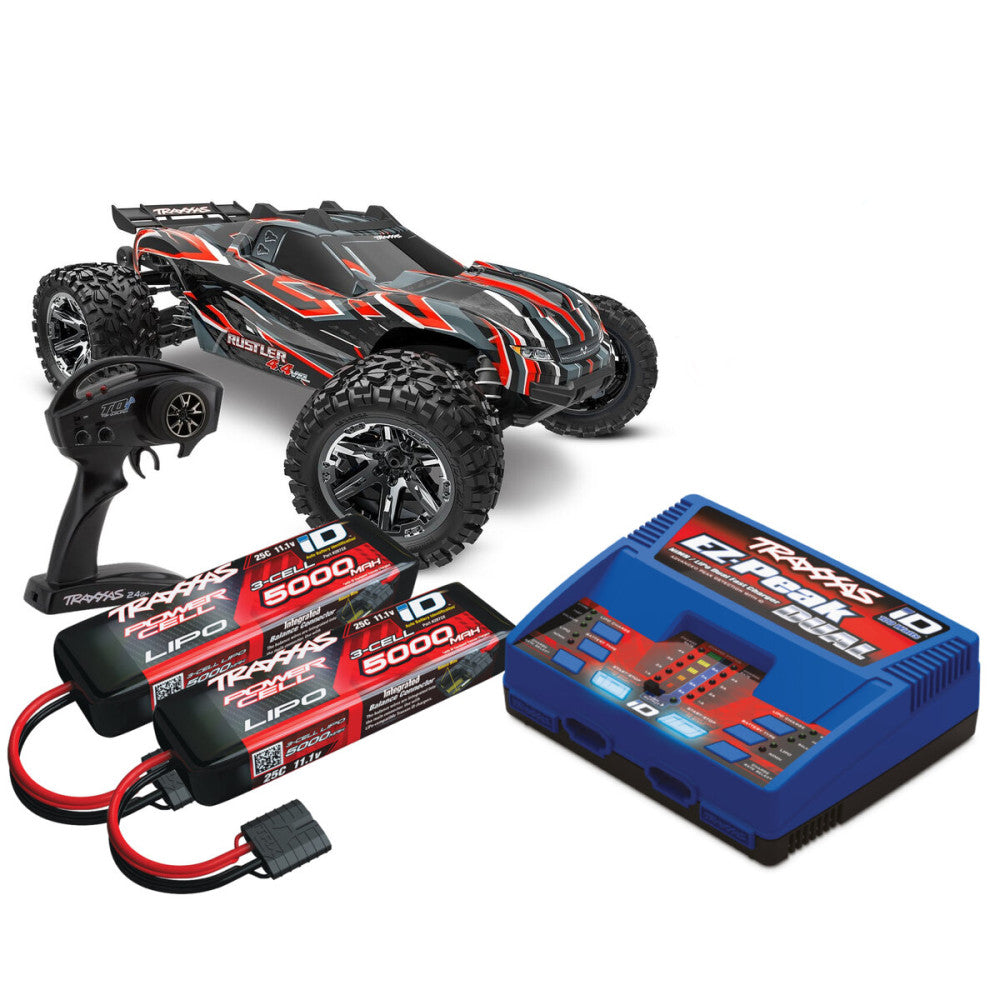 Pack Traxxas Rustler 4x4 HD VXL Brushless 1/10 RTR - 67376-4 rouge - Breizh Modélisme.