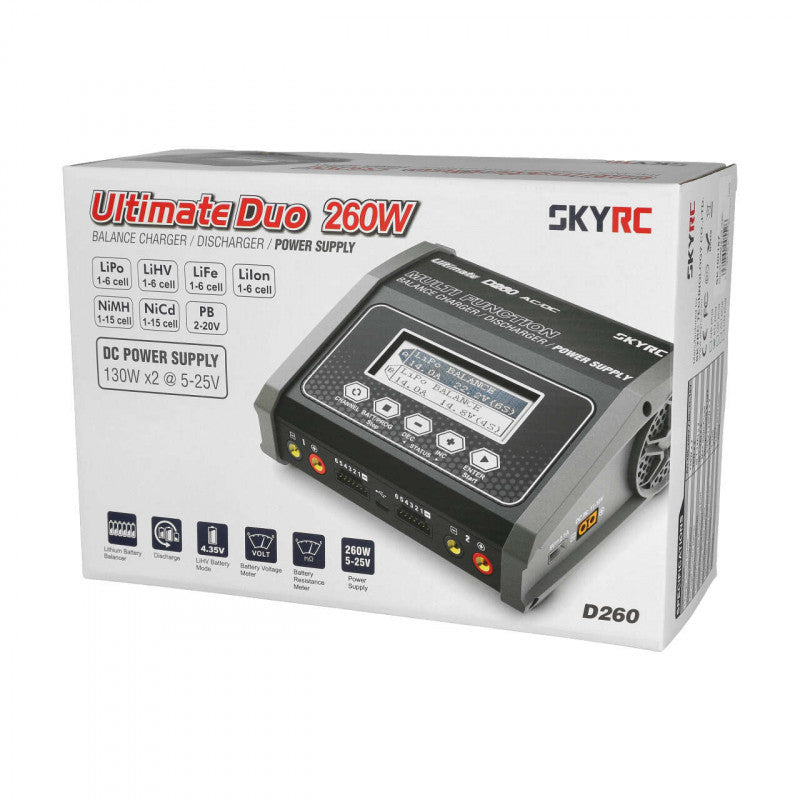 Chargeur SkyRC D260 Ultimate Duo 240VAC/12VDC 14A 2x130W - 100157 - Breizh Modélisme.