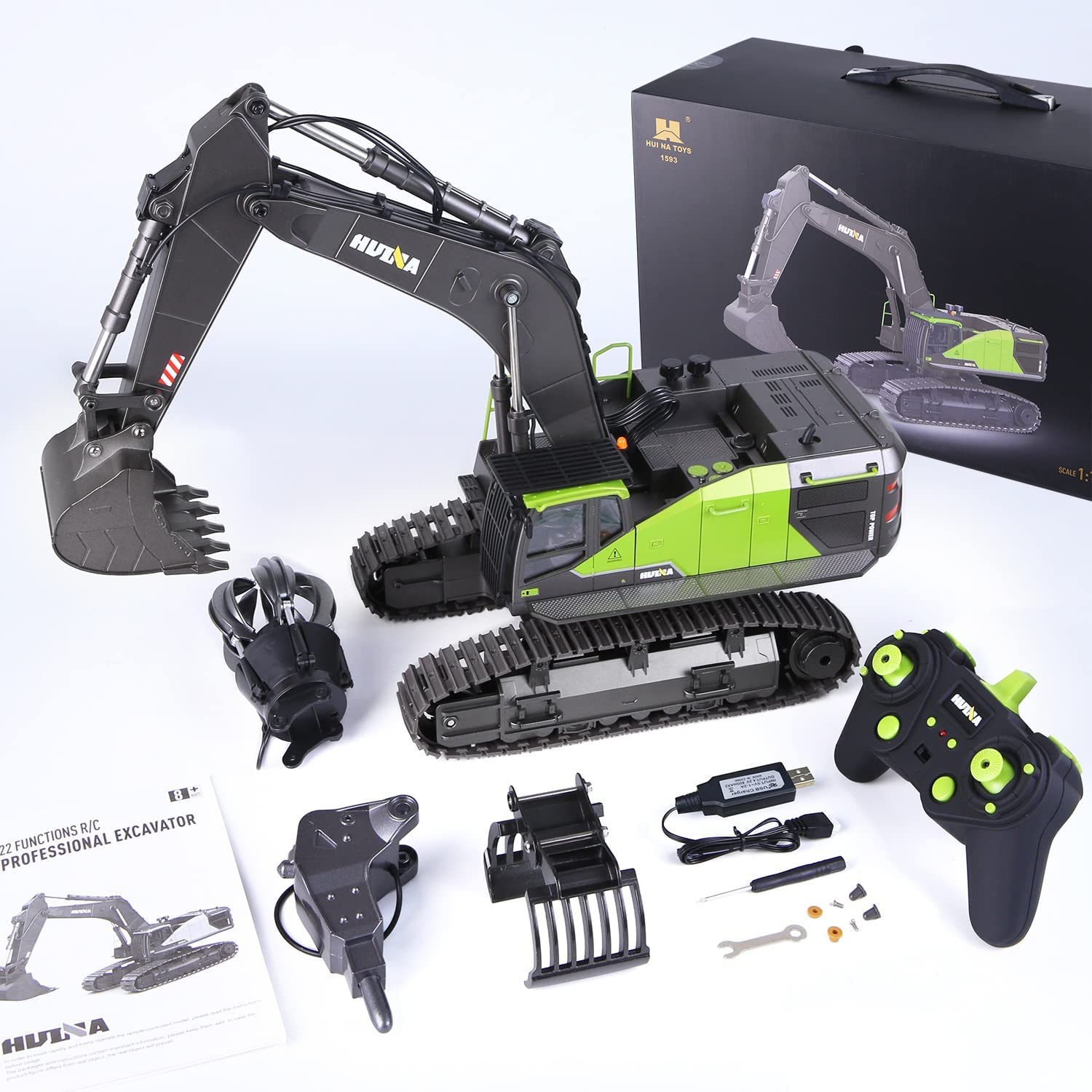 Pelleteuse RC 1/14 2.4ghz RTR Huina 1593 avec 3 grappins - Breizh Modélisme.